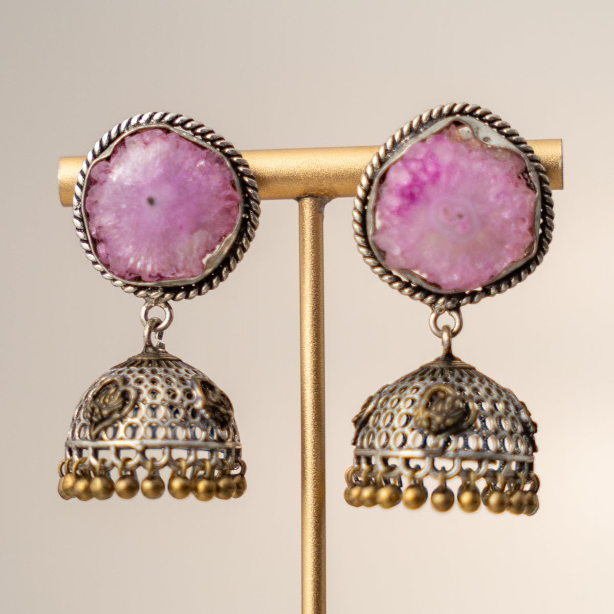 NISHASHA SEMI HANDMADE OXIDIZED AND NATURAL AGATE STONE JHUMKAS/EARRINGS ER473