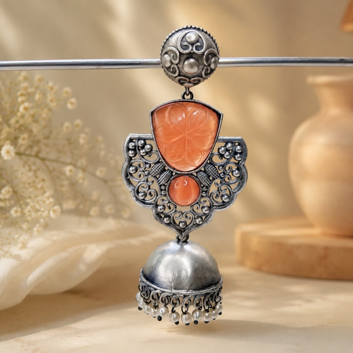 FAUX SILVER RAW AND RUSTIC SEMI HANDMADE JHUMKAS/ EARRINGS ER699