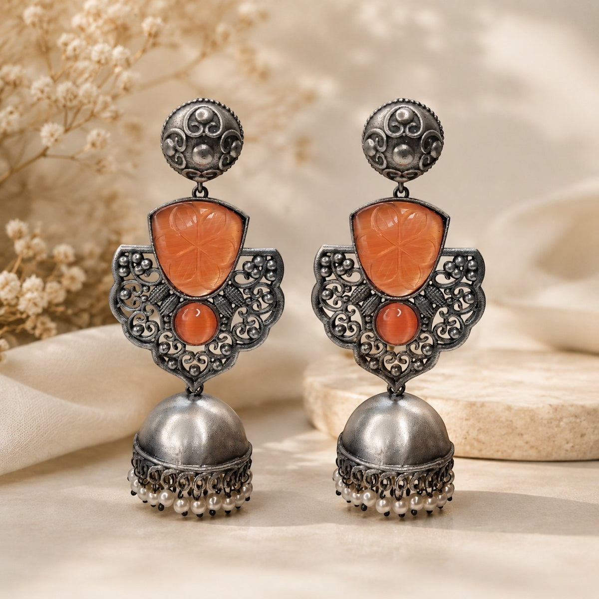 FAUX SILVER RAW AND RUSTIC SEMI HANDMADE JHUMKAS/ EARRINGS ER699