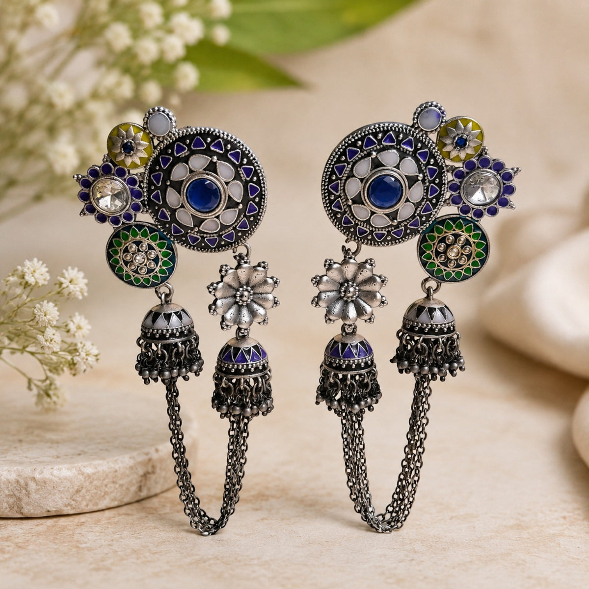 SERAPHINA OXIDIZED SEMI HANDMADE ENAMEL EARRINGS/JHUMKAS ER956