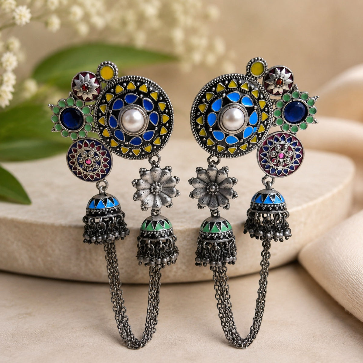 SERAPHINA OXIDIZED SEMI HANDMADE ENAMEL EARRINGS/JHUMKAS ER956
