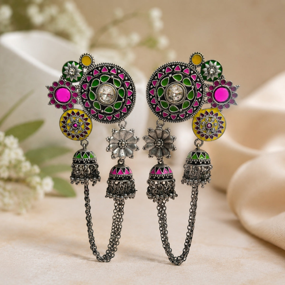 SERAPHINA OXIDIZED SEMI HANDMADE ENAMEL EARRINGS/JHUMKAS ER956