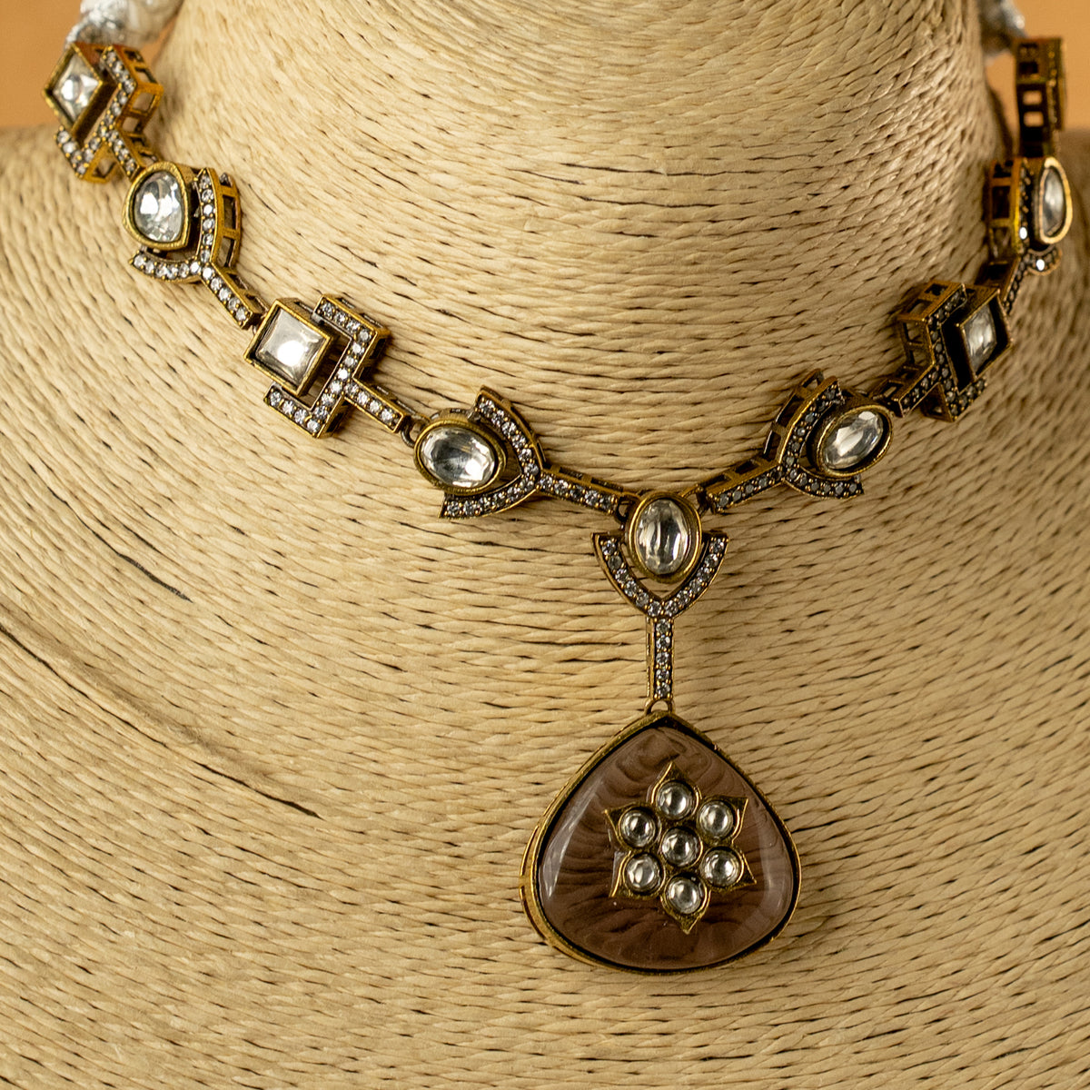 RISHONA DUAL TONED SEMI HANDMADE MONALISA STONES NECKPIECE/NECKLACE WITH EARRINGS NL320