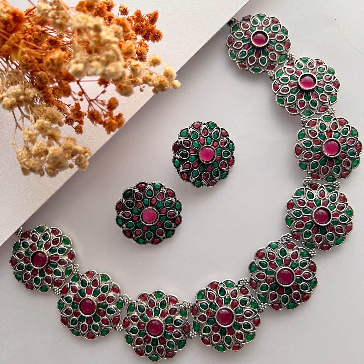 BRUNDHA FAUX SILVER SEMI HANDMADE ANTIQUE NECKPIECE/NECKLACE WITH EARRING NL262