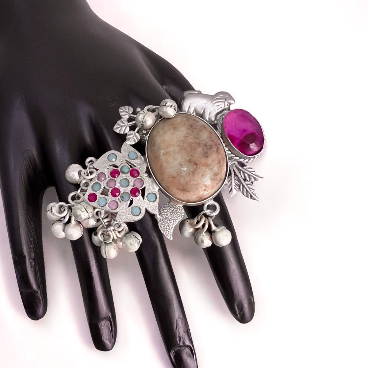 VIDHAYA PREMIUM HANDMADE NATURAL STONES SILVER POLISH RING R60 DESIGN 3