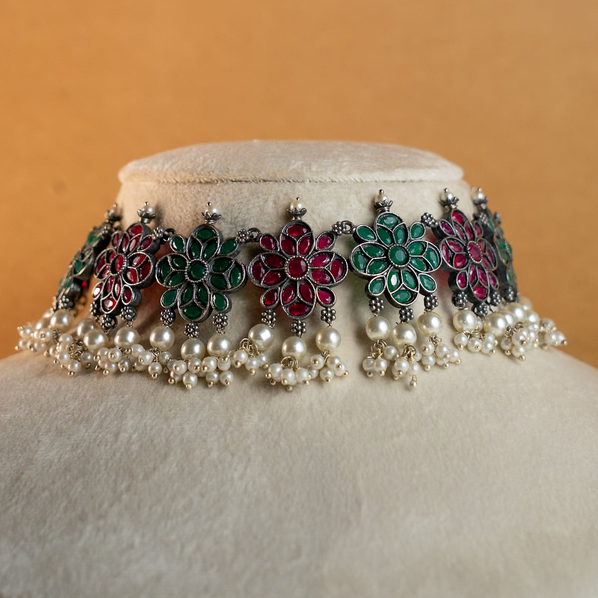 ATHENA BIJOUX PREMIUM SEMI HANDMADE ANTIQUE FAUX SILVER NECKPIECE/NECKLACE EARRINGS NL217