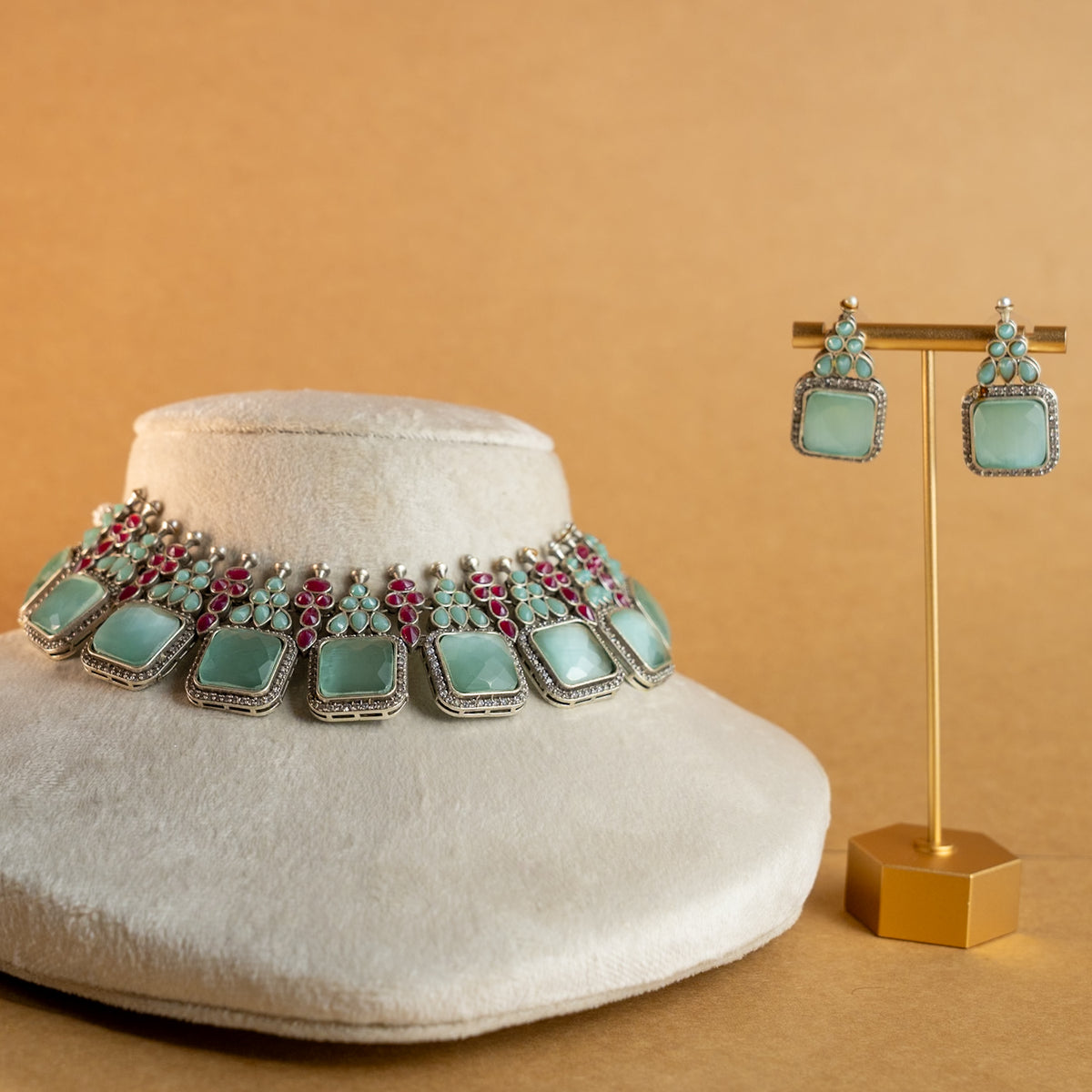 NAYANA PREMIUM FAUX SILVER SEMI HANDMADE ANTIQUE NECKPIECE/NECKLACE EARRINGS NL43