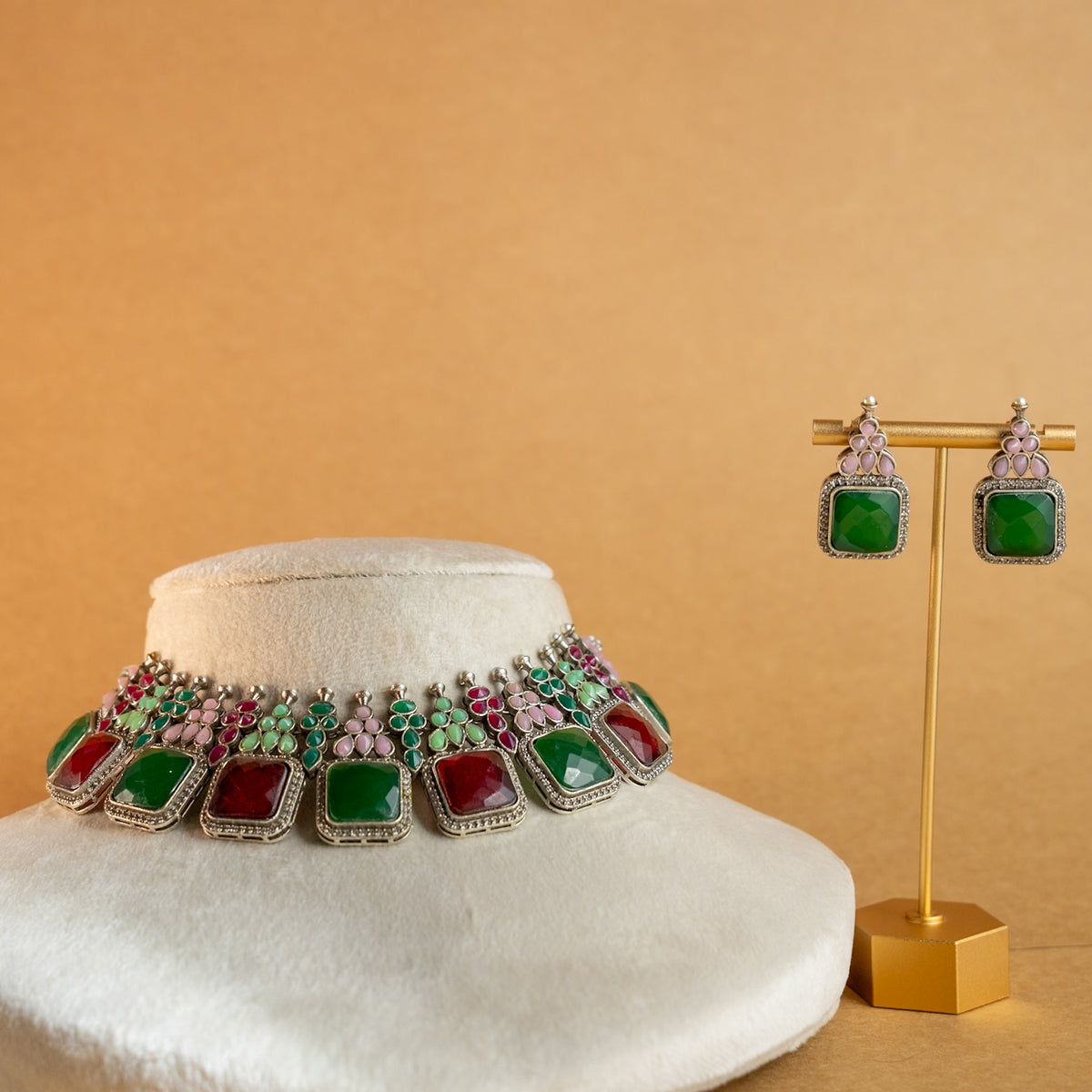 NAYANA PREMIUM FAUX SILVER SEMI HANDMADE ANTIQUE NECKPIECE/NECKLACE EARRINGS NL43