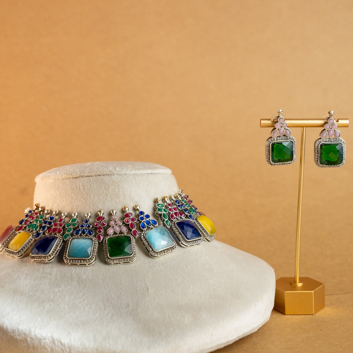 NAYANA PREMIUM FAUX SILVER SEMI HANDMADE ANTIQUE NECKPIECE/NECKLACE EARRINGS NL43