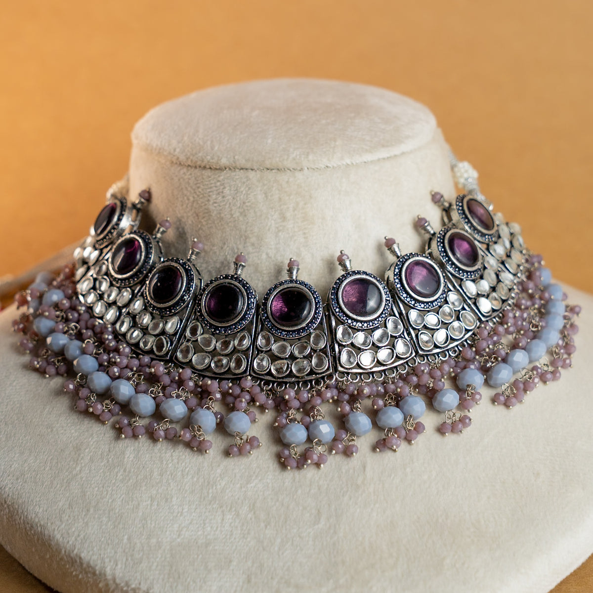 NILASHA SEMI HANDMADE MONALISA STONES NECKPIECE/NECKLACE WITH EARRINGS NL54