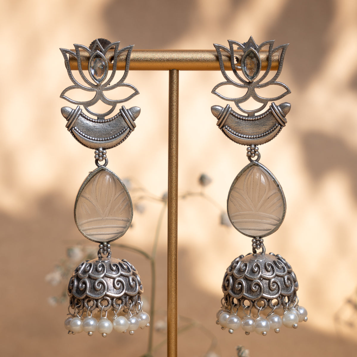 NOVA FAUX SILVER CARVING STONE ANTIQUE EARRINGS/JHUMKAS ER897