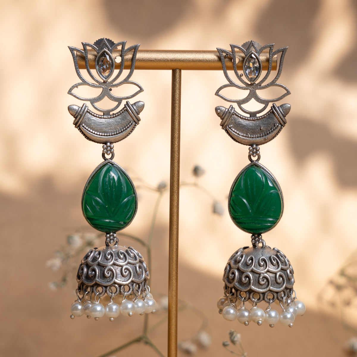 NOVA FAUX SILVER CARVING STONE ANTIQUE EARRINGS/JHUMKAS ER897