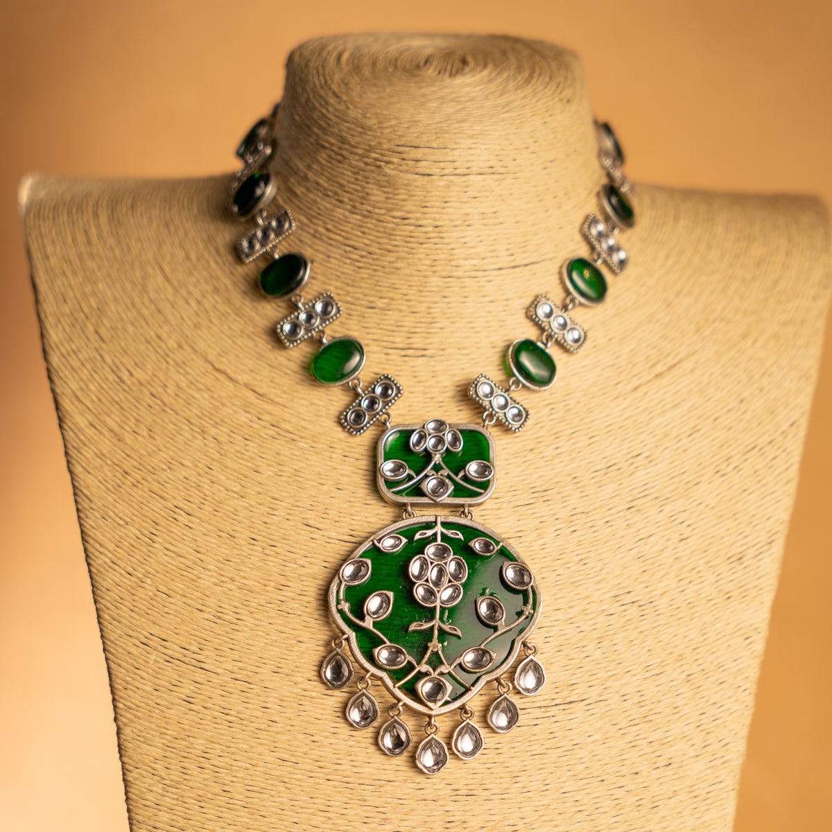 AYLA BIJOUX FAUX SILVER SEMI HANDMADE NECKLACE/MALAS WITH EARRING NL311