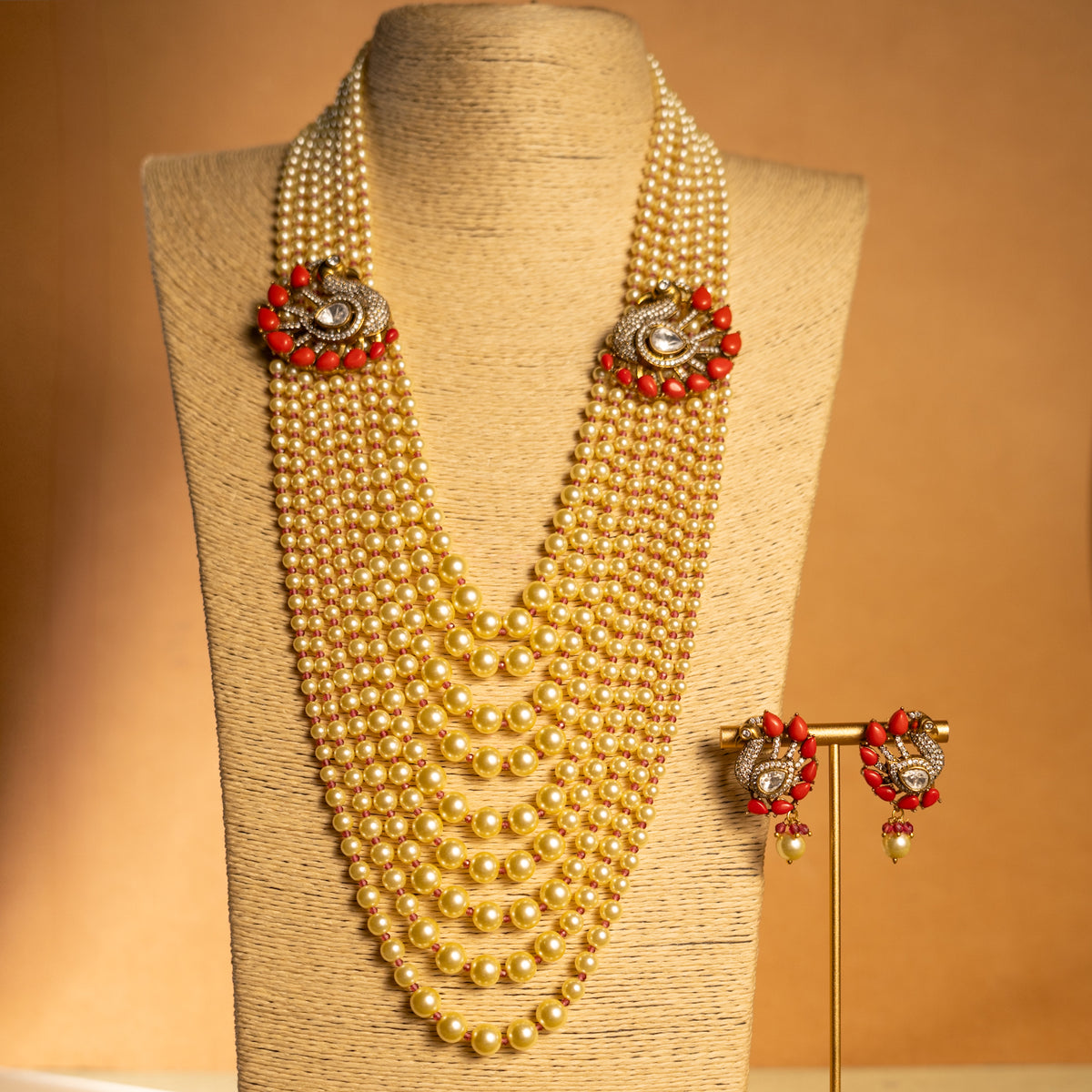 CHARVI POLKI STONE AND PRECIOUS STONE HANDMADE PEARL MALA/NECKLACE WITH EARRING NL310