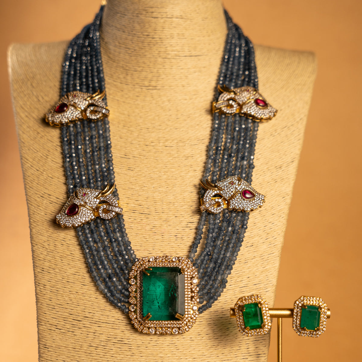 EVA DOUBLET STONE ONEX BEADS POLKI AND AD STONE BRIDAL HANDMADE NECKLACE WITH EARRING NL309