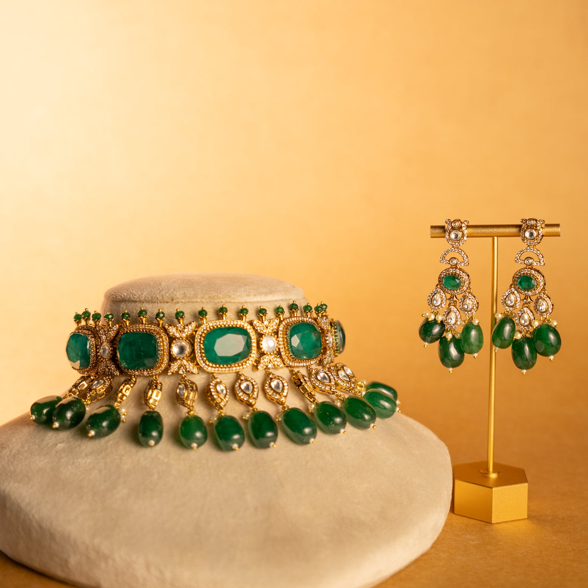 LUNA BRIDAL PREMIUM DOUBLET AND POLKI STONE  SEMI HANDMADE  CHOKER WITH EARRING CH519