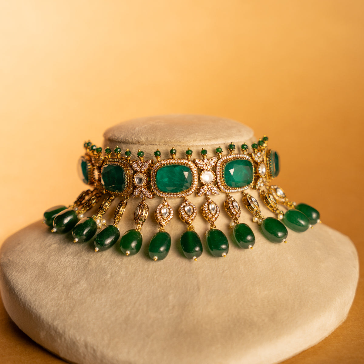 LUNA BRIDAL PREMIUM DOUBLET AND POLKI STONE  SEMI HANDMADE  CHOKER WITH EARRING CH519