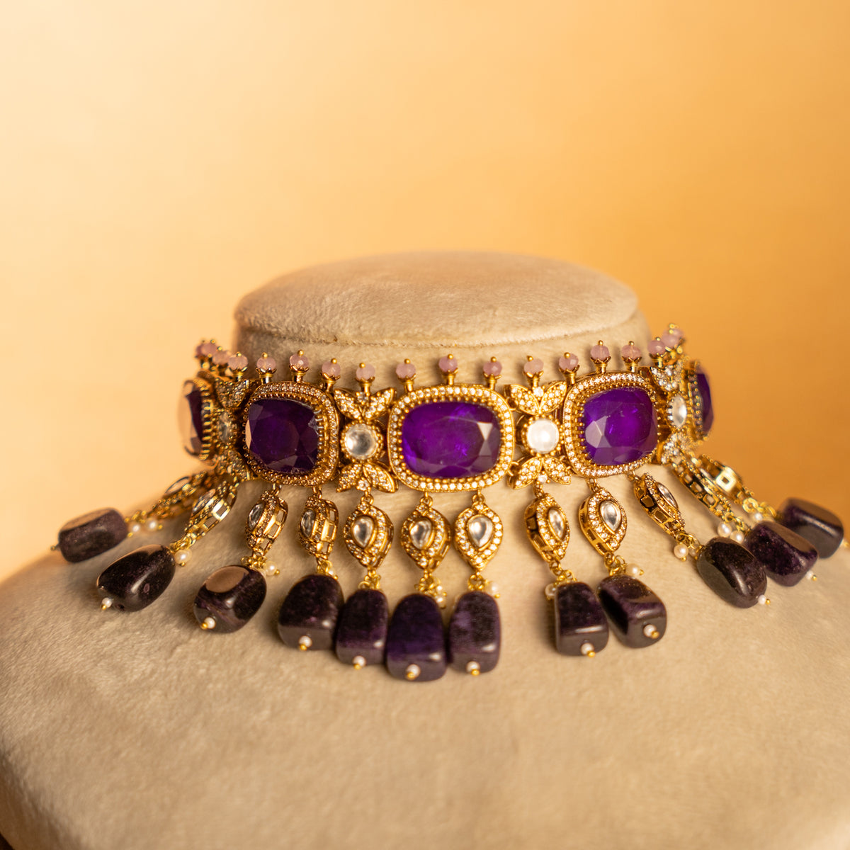 LUNA BRIDAL PREMIUM DOUBLET AND POLKI STONE  SEMI HANDMADE  CHOKER WITH EARRING CH519