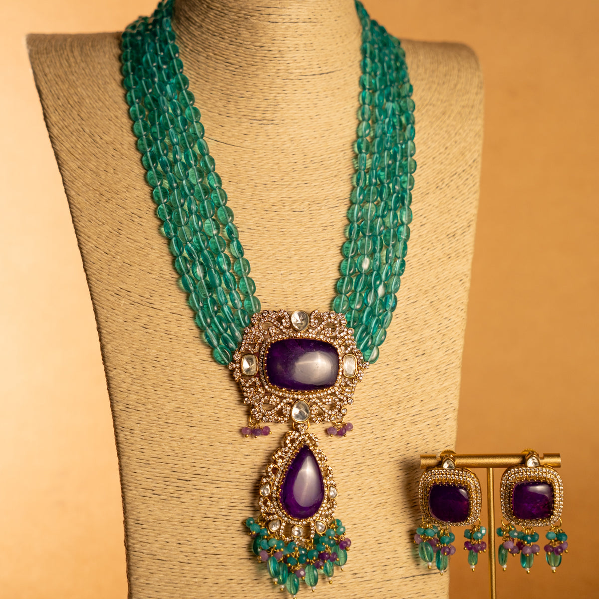 TINIYA BRIDAL PREMIUM DOUBLET STONE POLKI HANDMADE NECKLACE WITH EARRING NL297