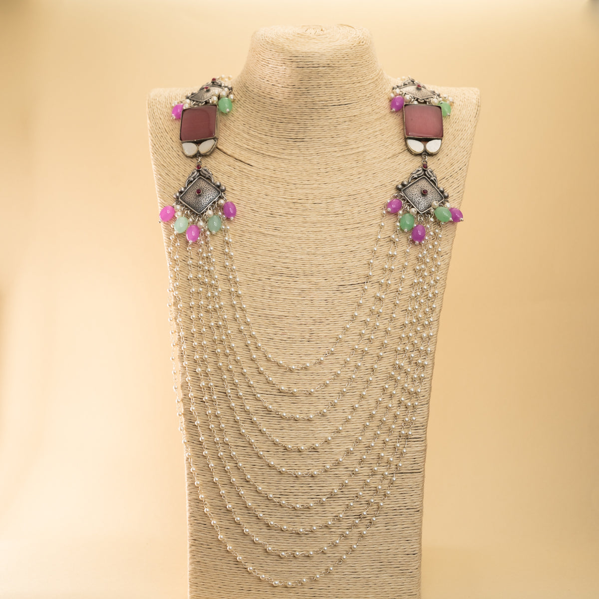 ZARAH PEARL LAYERED HANDMADE SILVER LOOK ALIKE MALA/ NECKPIECE ML41