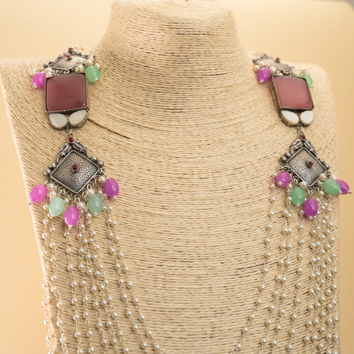 ZARAH PEARL LAYERED HANDMADE SILVER LOOK ALIKE MALA/ NECKPIECE ML41