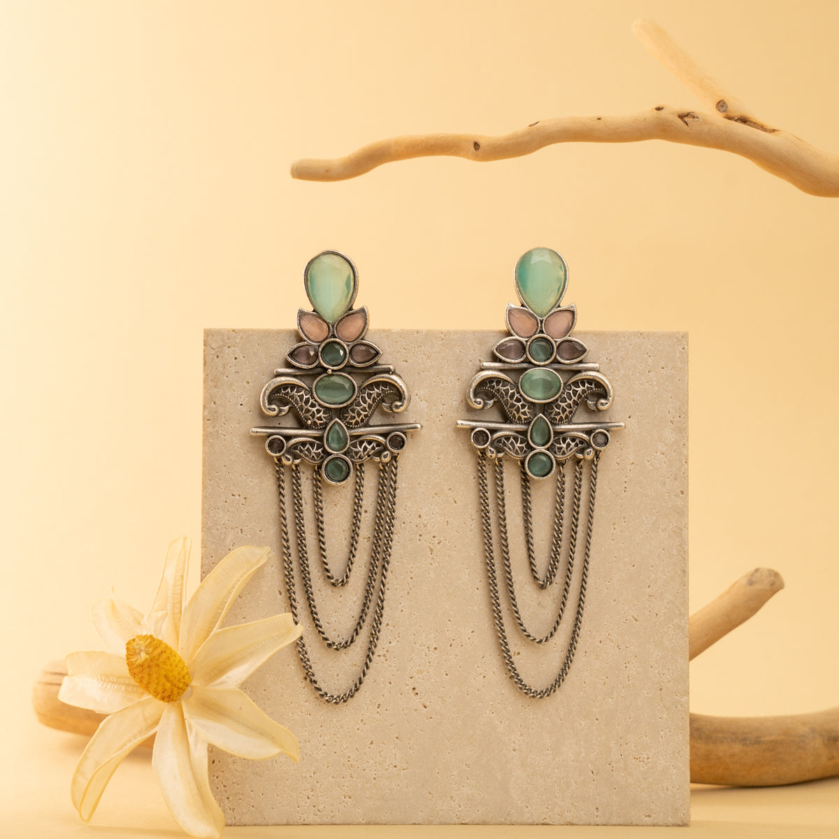 RILEY FAUX SILVER  SEMI HANDMADE RAW AND RUSTIC EARRINGS ER905