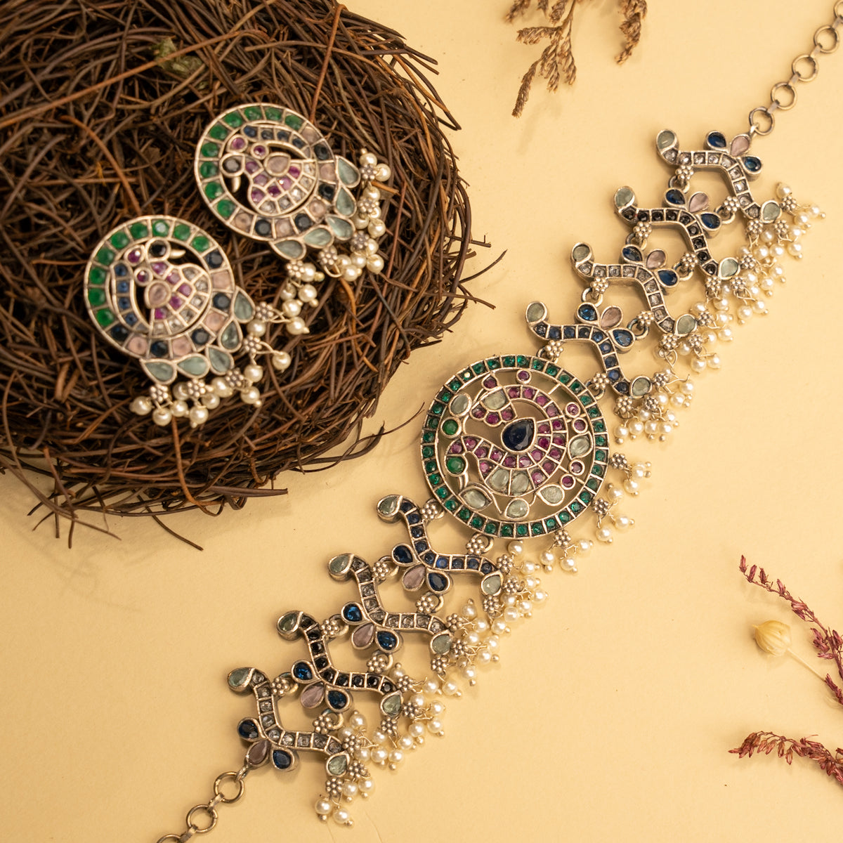 AARNA BIJOUX PREMIUM AND EXCLUSIVE SEMI HANDMADE RUSTIC FINISH CHOKER WITH EARRINGS CH136