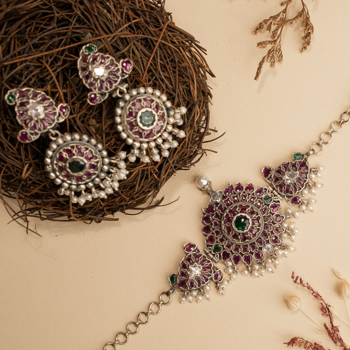 ELEAN PREMIUM KEMP STONE HANDMADE RAW FIRE FINISH CHOKER WITH EARRINGS CH127