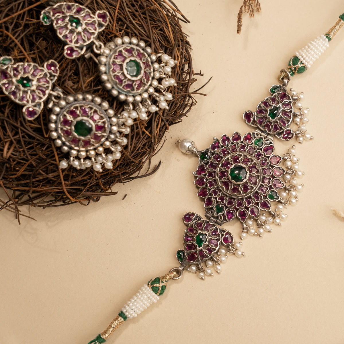 ELEAN PREMIUM KEMP STONE HANDMADE RAW FIRE FINISH CHOKER WITH EARRINGS CH127