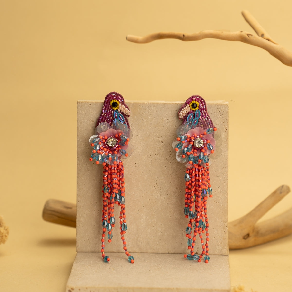 PINK MACAW FABRIC AND BEADS HANDMADE EARRING ER496