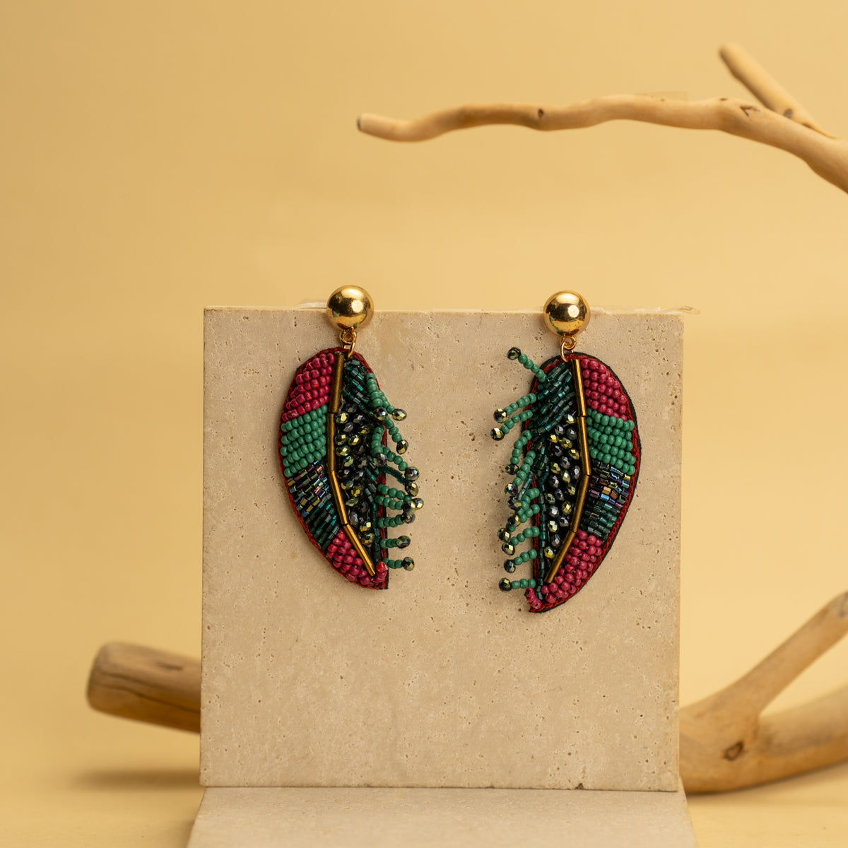 LEAFY LARK FABRIC AND BEADS HANDMADE EARRING ER494