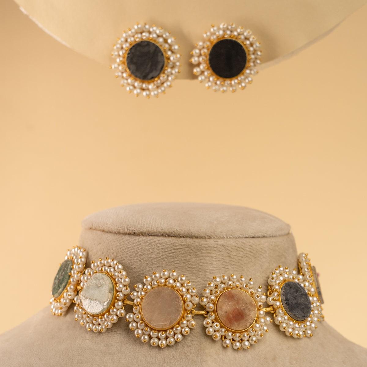 CORA RAW STONE PEARL WORK HANDMADE CHOKER WITH EARRINGS CH206