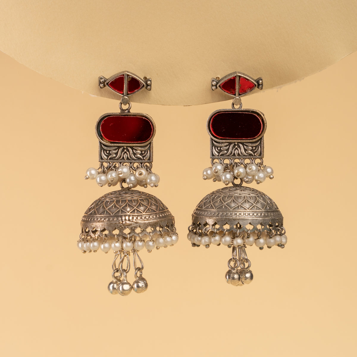 AZALIA SILVER LOOK ALIKE SEMI HANDMADE MIRROR JHUMKAS EARRINGS ER926