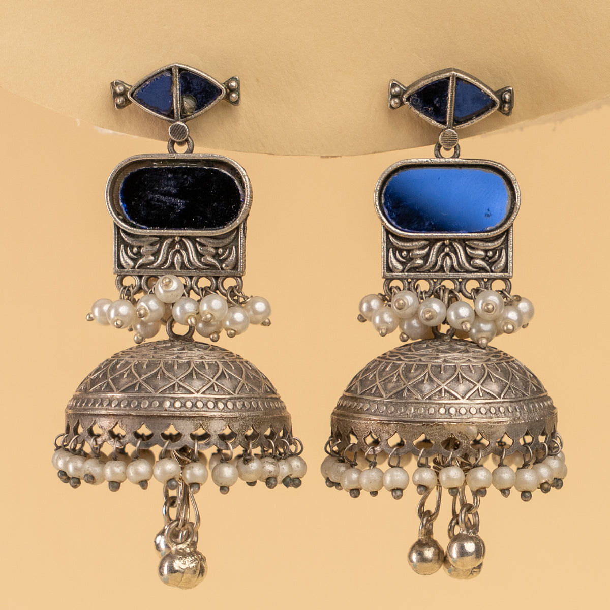 AZALIA SILVER LOOK ALIKE SEMI HANDMADE MIRROR JHUMKAS EARRINGS ER926