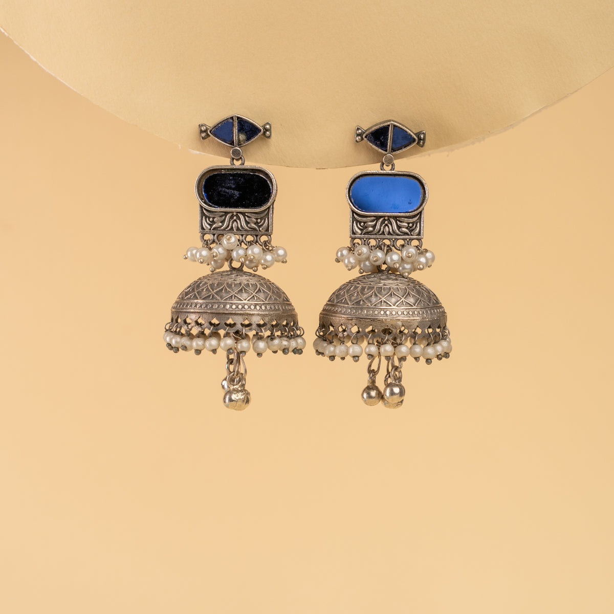 AZALIA SILVER LOOK ALIKE SEMI HANDMADE MIRROR JHUMKAS EARRINGS ER926