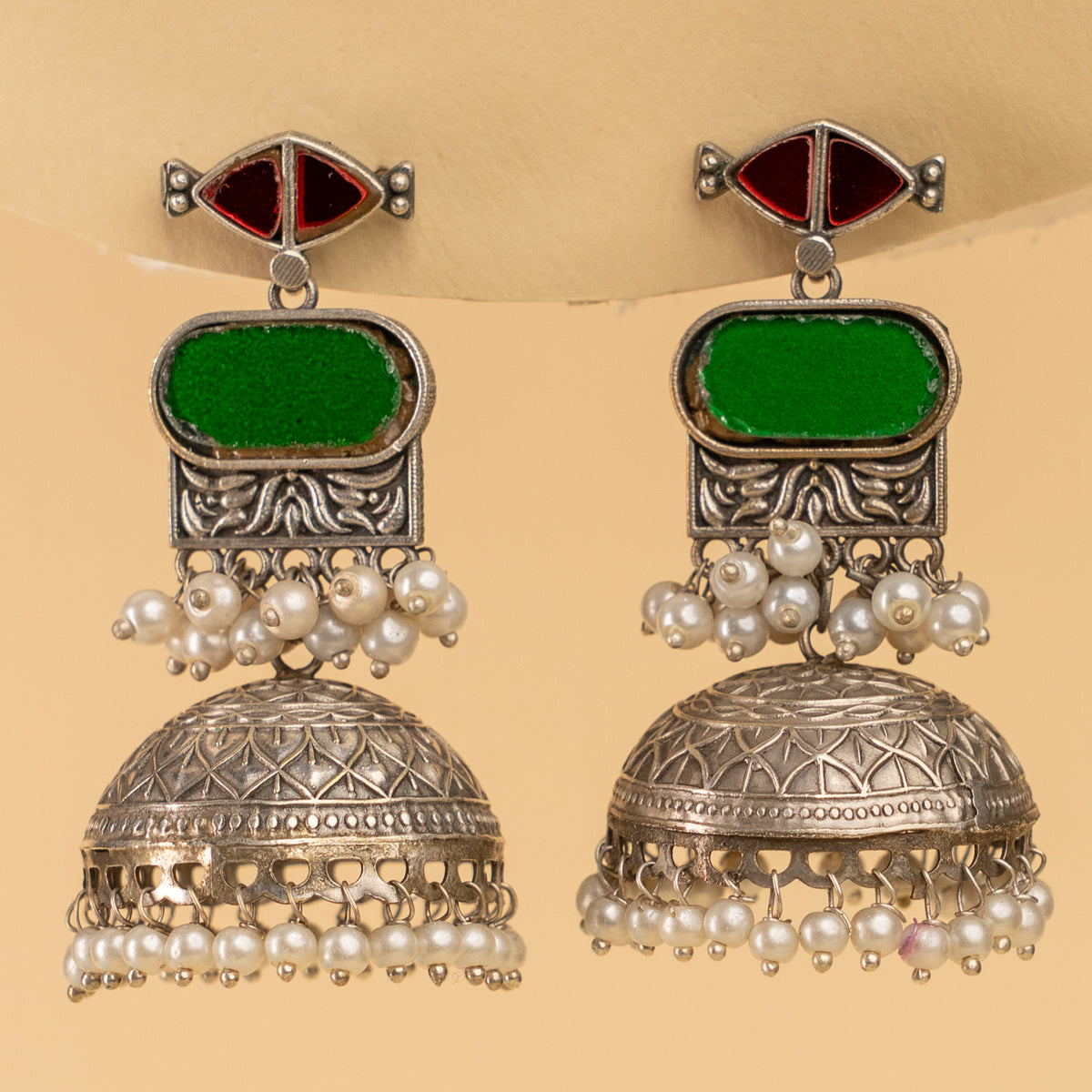 AZALIA SILVER LOOK ALIKE SEMI HANDMADE MIRROR JHUMKAS EARRINGS ER926