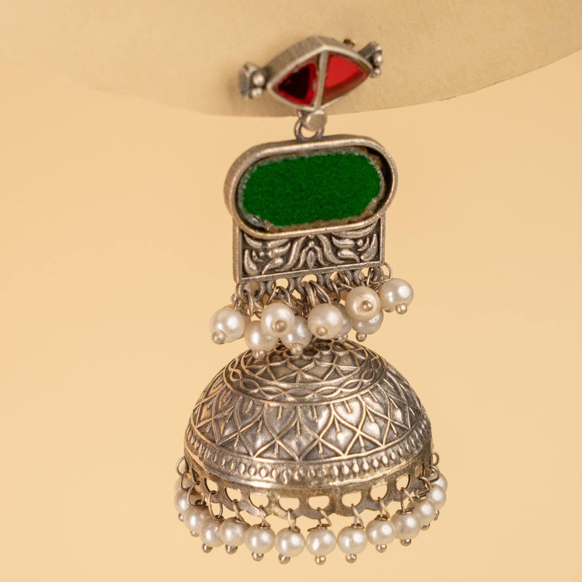 AZALIA SILVER LOOK ALIKE SEMI HANDMADE MIRROR JHUMKAS EARRINGS ER926