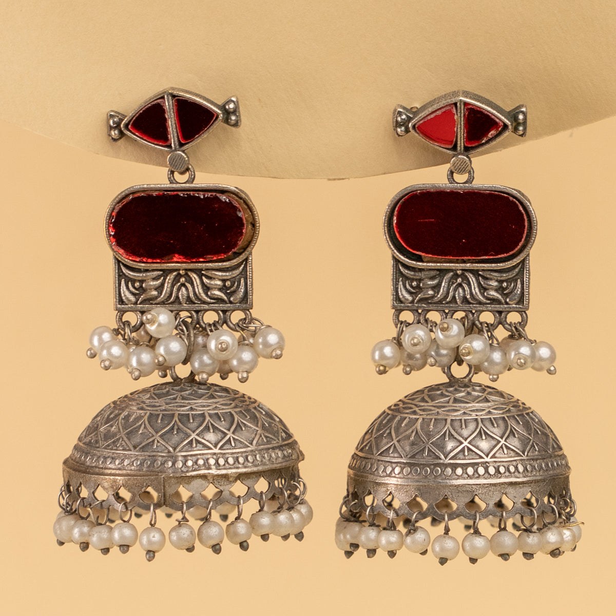 AZALIA SILVER LOOK ALIKE SEMI HANDMADE MIRROR JHUMKAS EARRINGS ER926