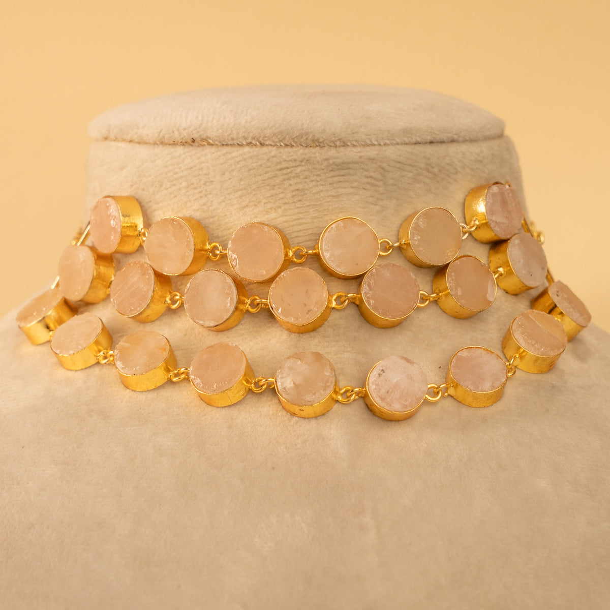 AILANY BIJOUX RAW STONE GOLD TONED 3 LAYERED HANDMADE CHOKER WITH EARRINGS CH428