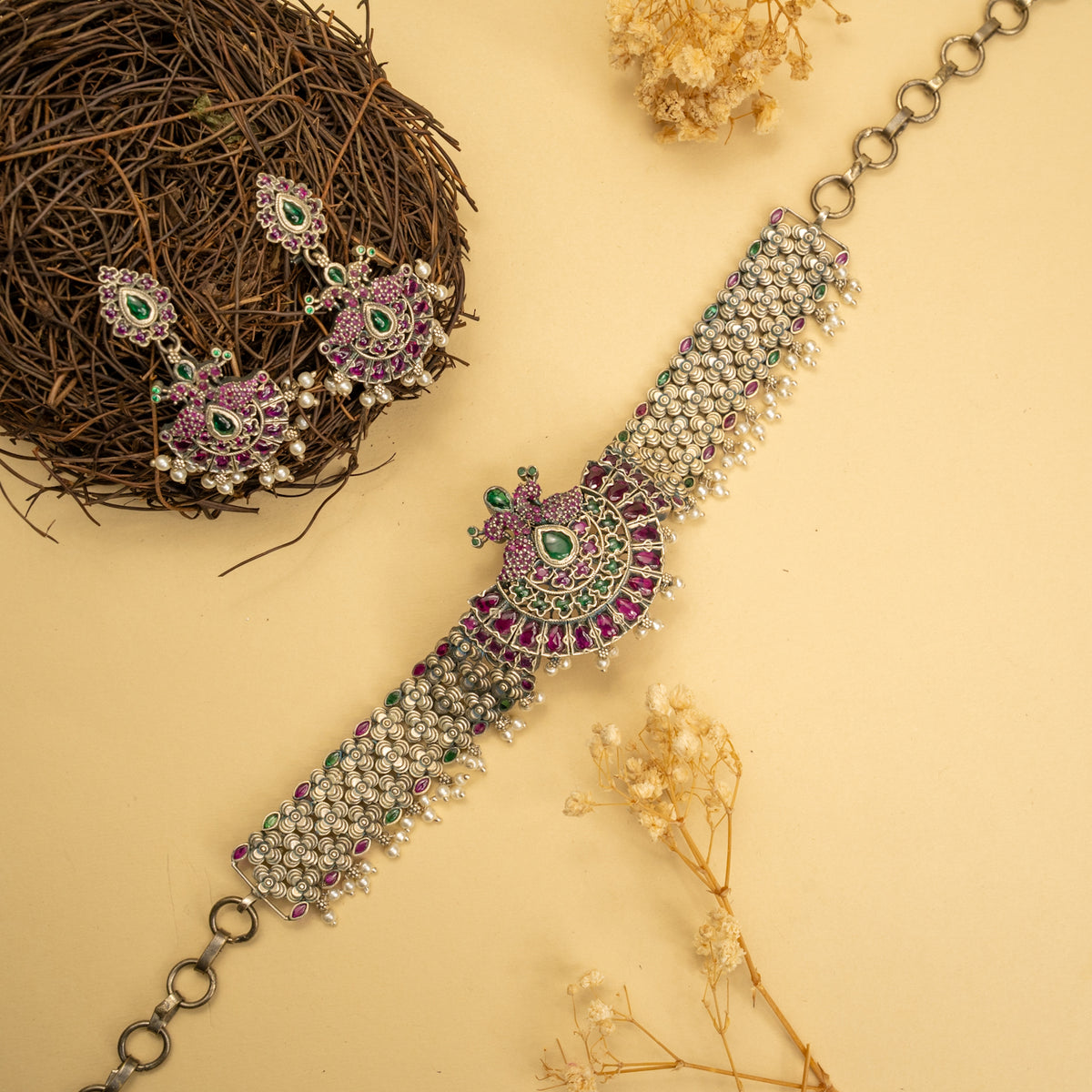 LEAH PREMIUM KEMP STONE HANDMADE RAW FIRE FINISH CHOKER WITH EARRINGS CH128