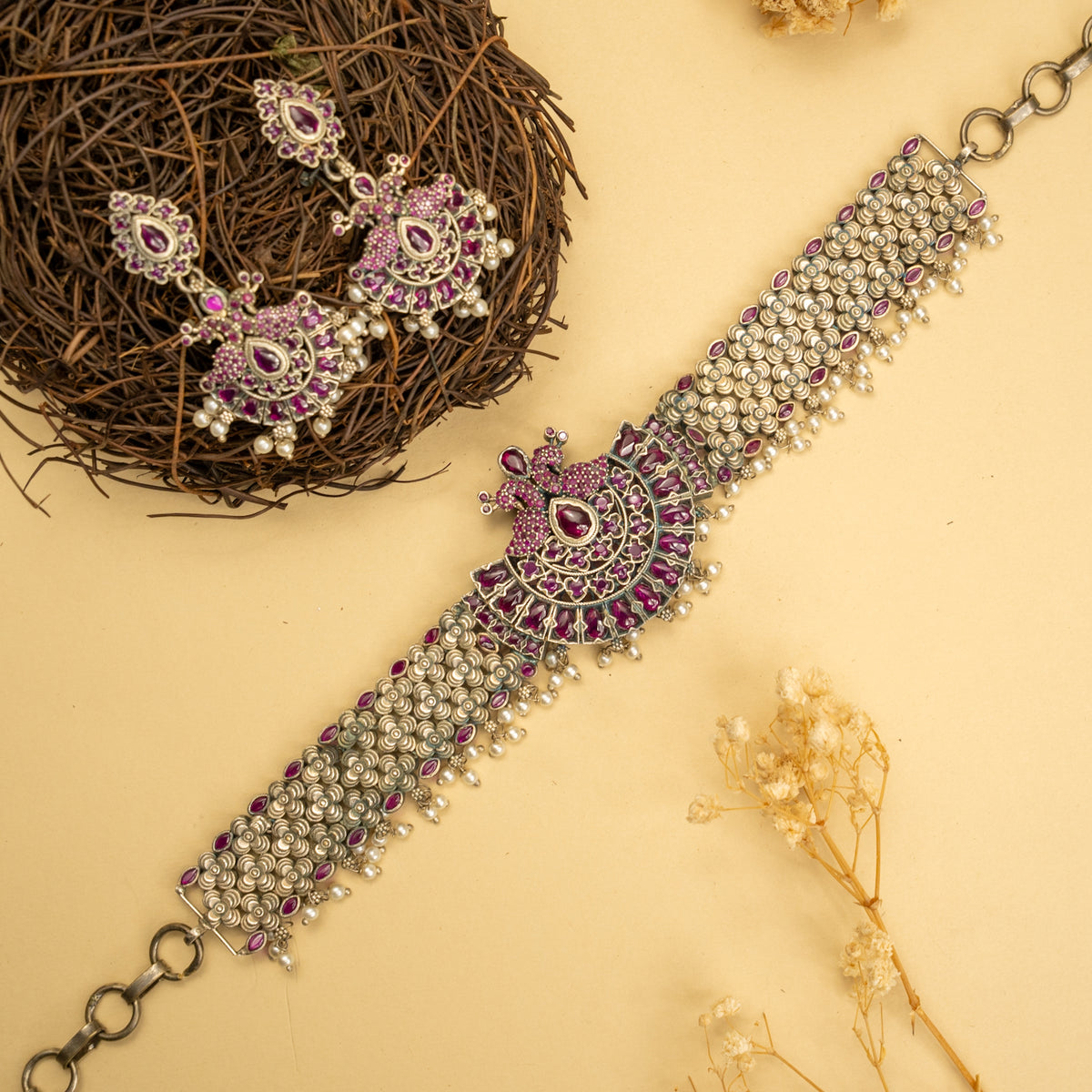 LEAH PREMIUM KEMP STONE HANDMADE RAW FIRE FINISH CHOKER WITH EARRINGS CH128