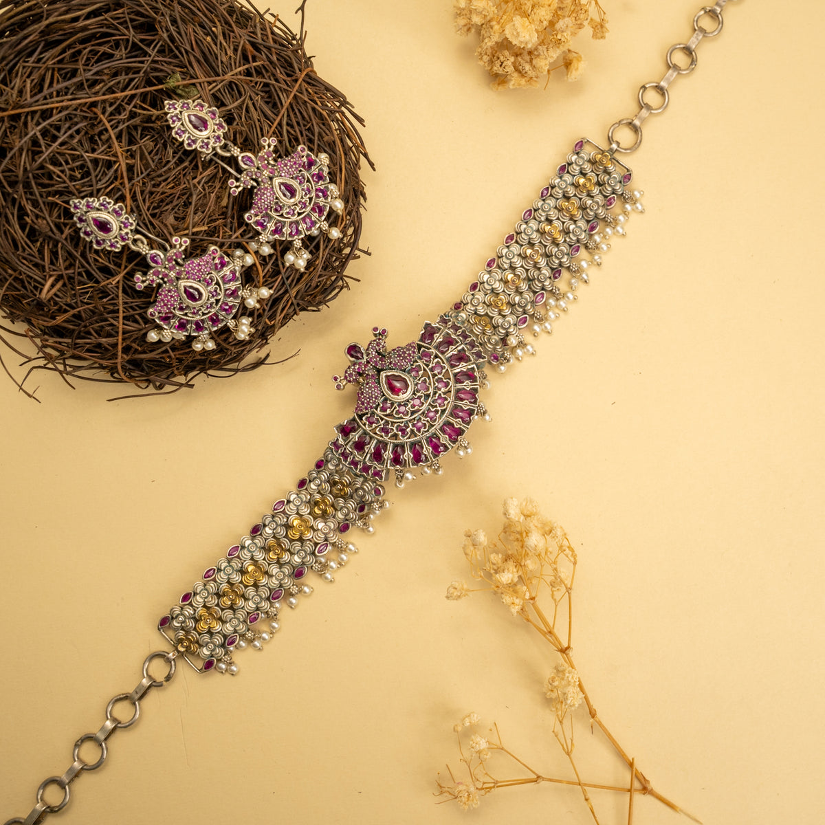 LEAH PREMIUM KEMP STONE HANDMADE RAW FIRE FINISH CHOKER WITH EARRINGS CH128