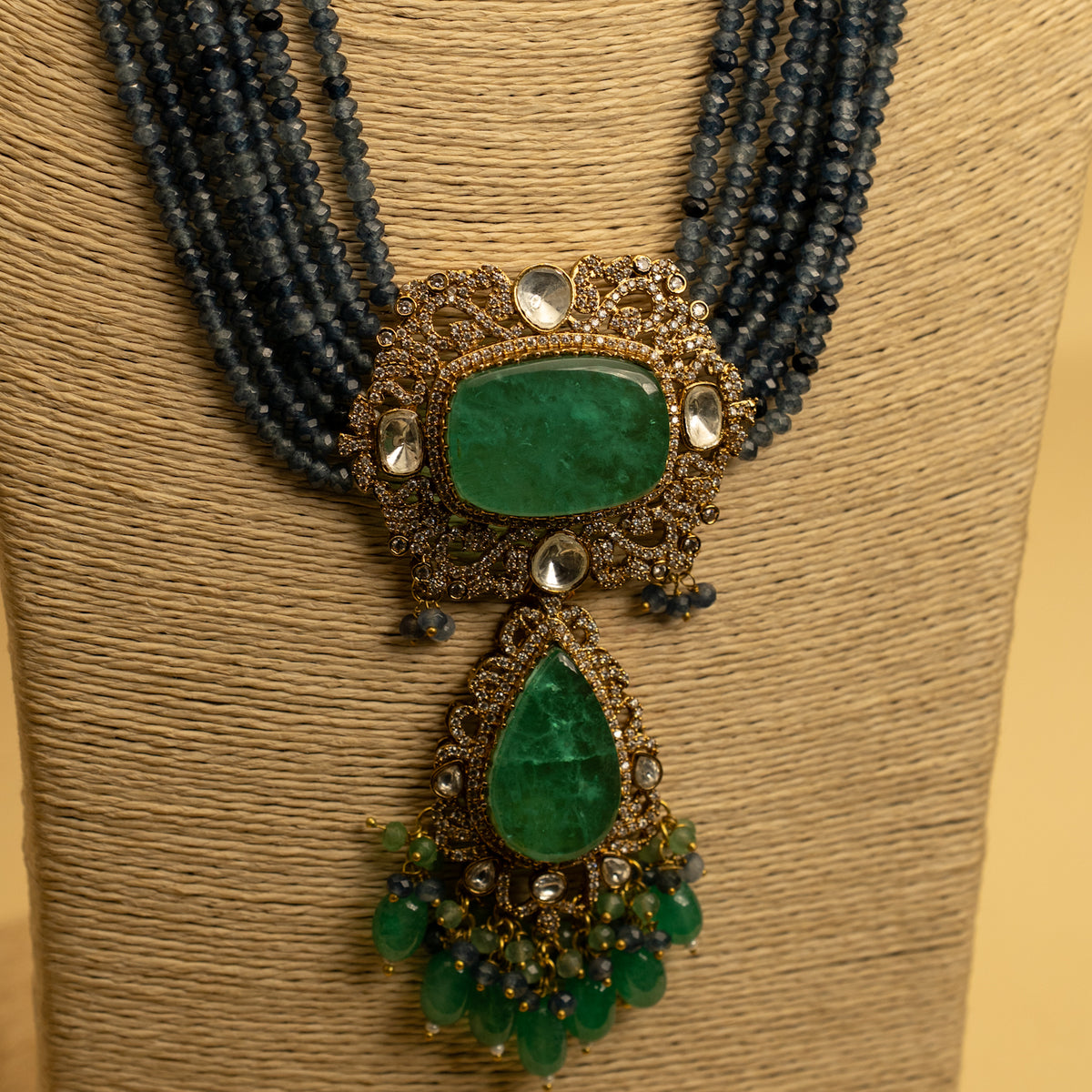 RINKY BRIDAL PREMIUM DOUBLET AND ONYX AND POLKI HANDMADE NECKLACE WITH EARRING NL305