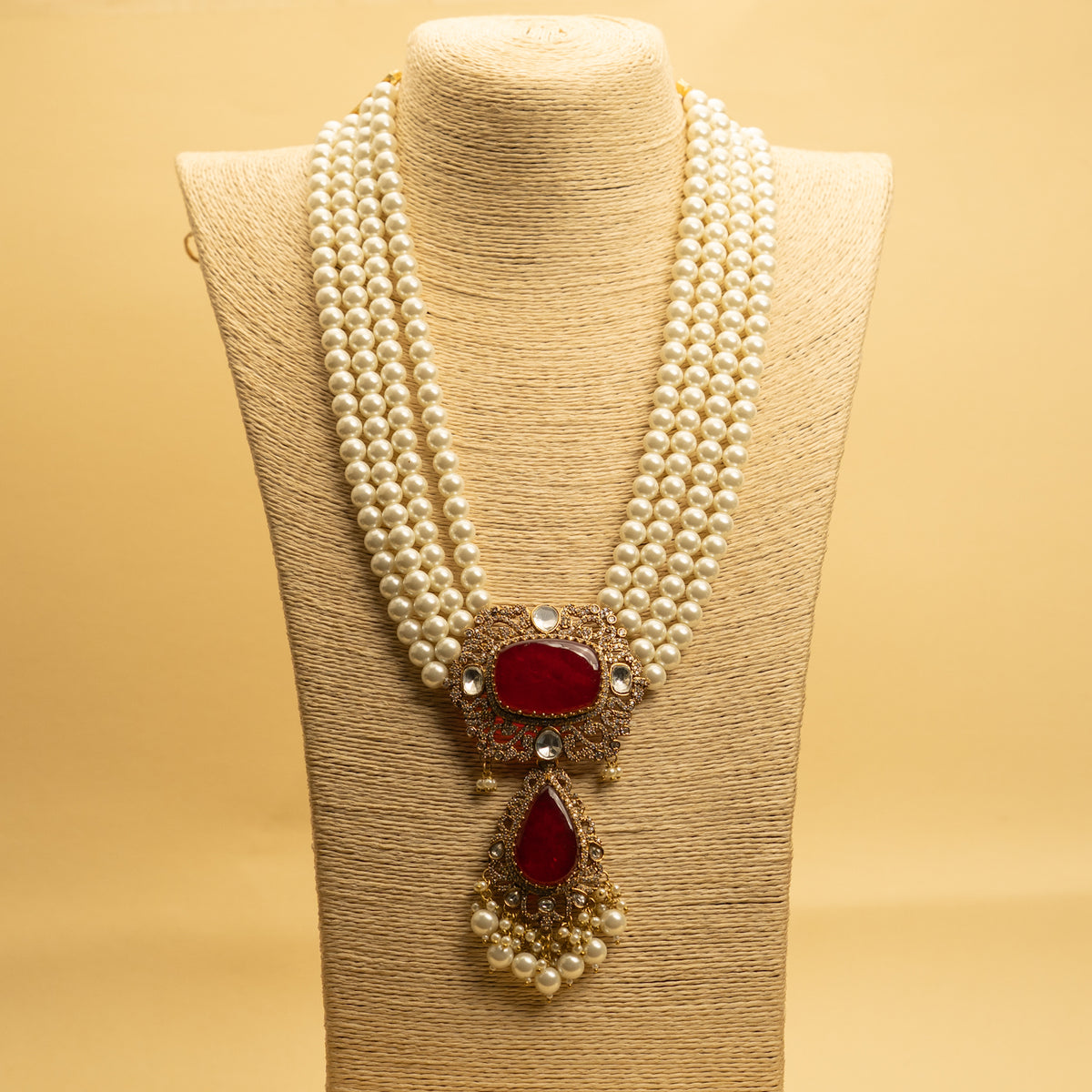 VINOBA BRIDAL PREMIUM DOUBLET STONE PEARL AND POLKI HANDMADE NECKLACE WITH EARRING NL306