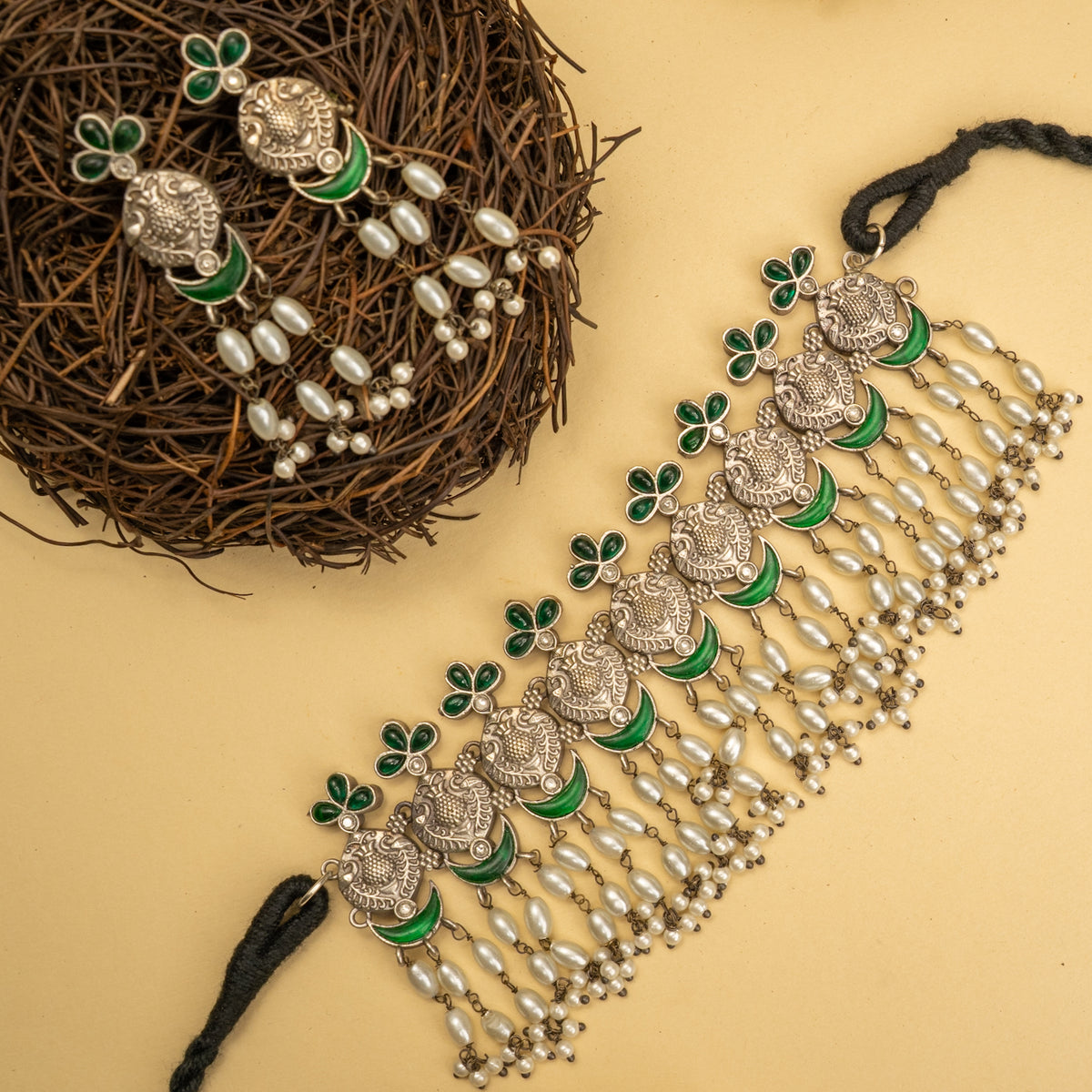 VIOLET SEMI HANDMADE BIJOUX PREMIUM  RUSTIC FINISH CHOKER WITH EARRING CH517