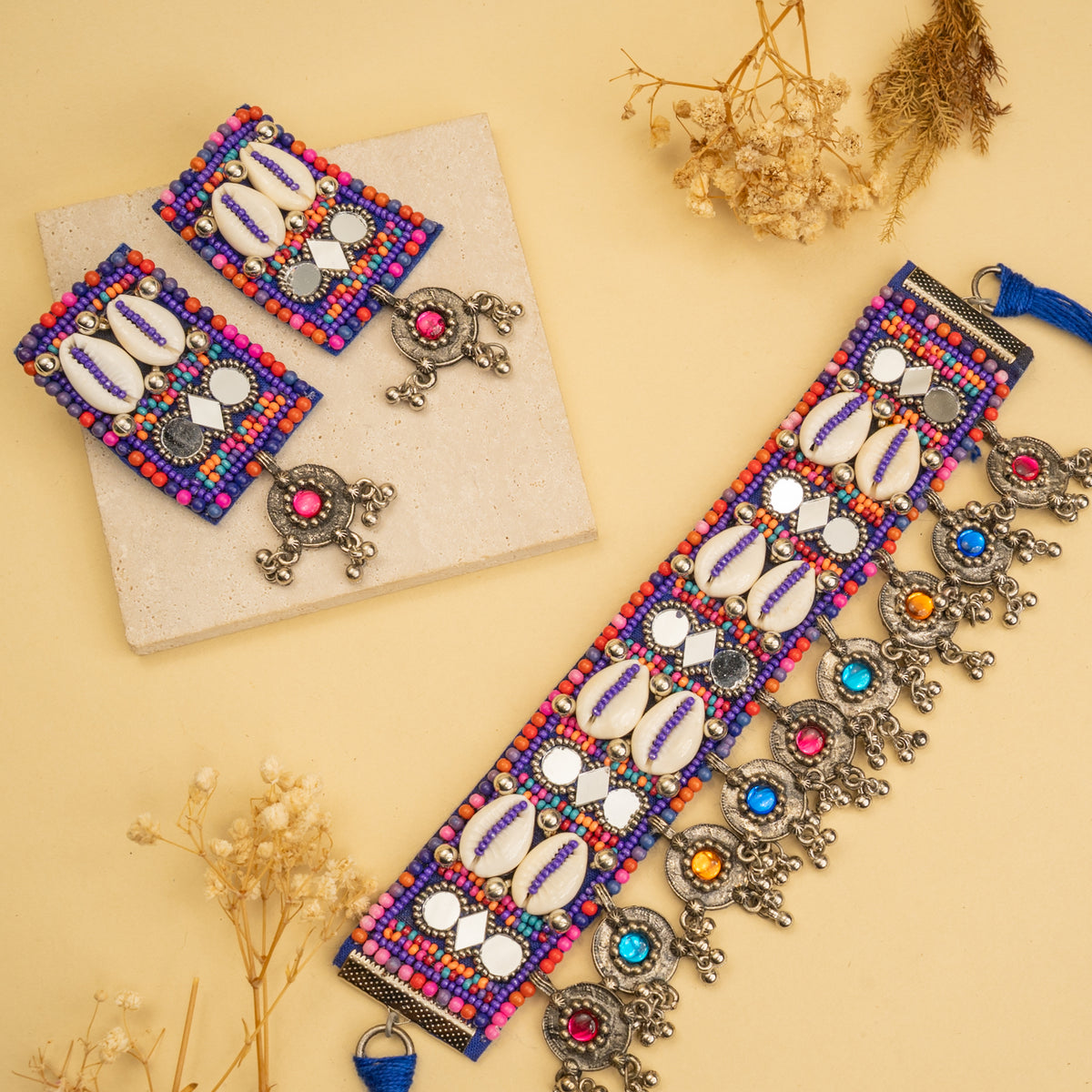 MIYA FABRIC AND BEADS PERFECT FOR HALDI SHELL AFGHANI CHOKER WITH EARRINGS CH465