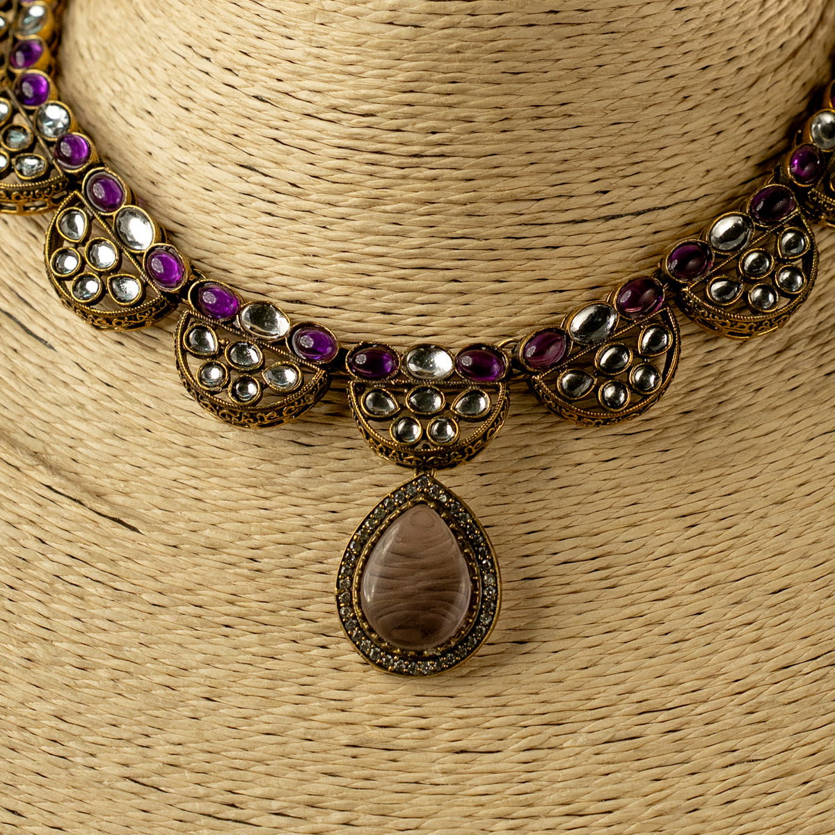 ROSYLN SEMI HANDMADE MONALISA STONES RUSTIC NECKPIECE/NECKLACE EARRINGS NL321