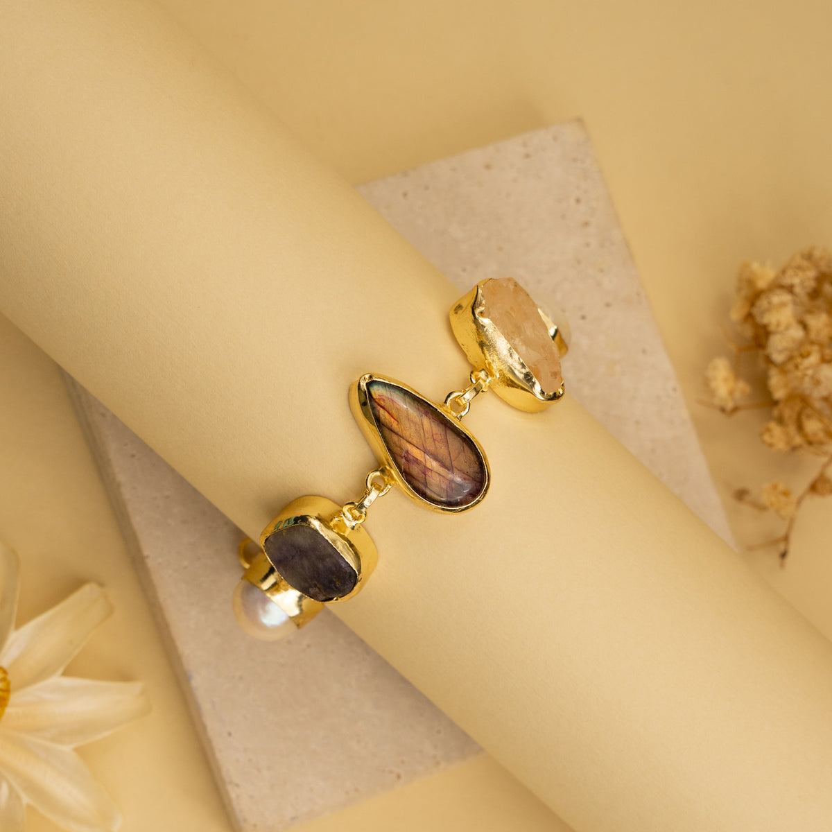 MINIKA HAND HAMMERED AND HANDMADE GOLD TONED CLASSIC RAW STONE BRACELETS BR201