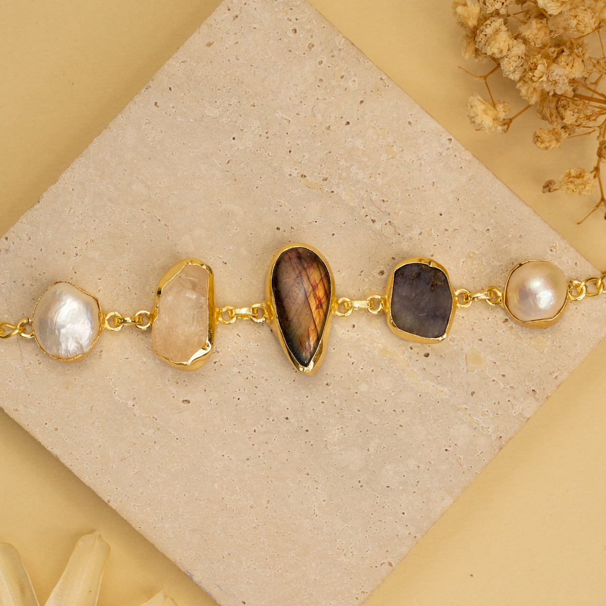 MINIKA HAND HAMMERED AND HANDMADE GOLD TONED CLASSIC RAW STONE BRACELETS BR201