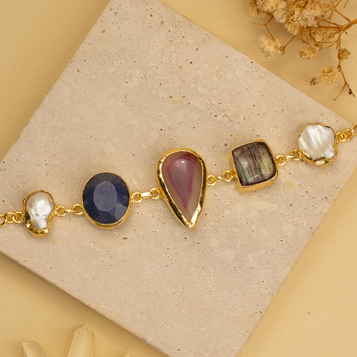 MINIKA HAND HAMMERED AND HANDMADE GOLD TONED CLASSIC RAW STONE BRACELETS BR201